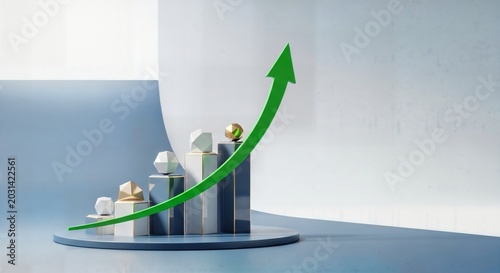 Green arrow graph rising above geometric blocks during bright studio lighting signifying business growth