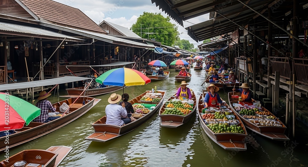Obraz premium Boats with people and goods on a canal in a market setting