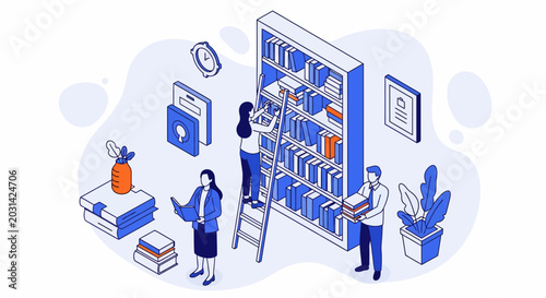 People read or sort a book on a shelf in a blue room for a study