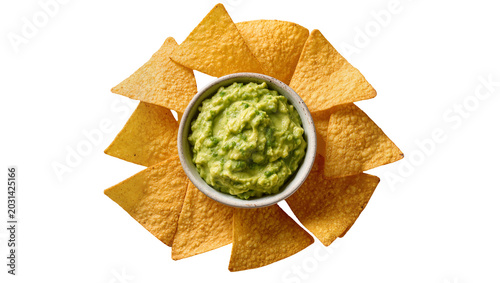 Bild auf Leinwand Crispy corn tortilla chips arranged around a bowl of fresh guacamole, isolated o