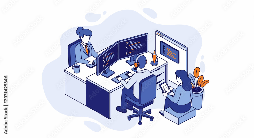 Fototapeta premium Dev team work on code at desks in office with pc and web app