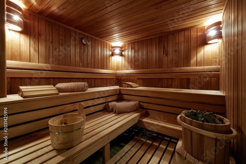 Cedar sauna interior with tiered wooden benches and soft ambient lamps in a premium wellness center for spa and health marketing