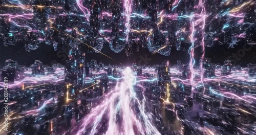 Abstract futuristic digital landscape with vibrant neon lights and dynamic energy flow