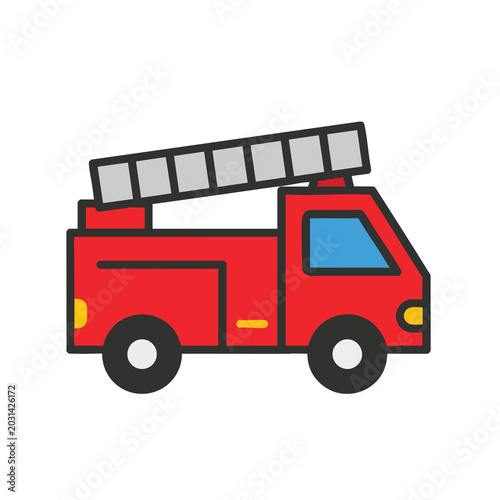 Flat Vector Illustration of a Bright Red Fire Truck with Ladder.