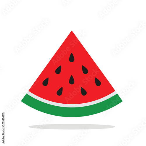 A single slice of fresh red watermelon with black seeds.