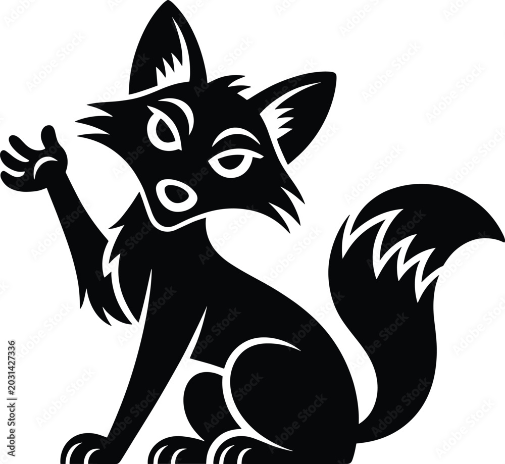 Fototapeta premium black silhouette, fox, animal, wildlife, mammal, pointed ears, bushy tail, minimalist, monochrome, black and white, flat color, stylized, cartoon, silhouette of a fox with pointed ears and bushy tail