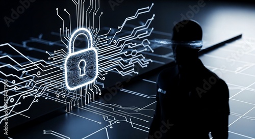 Hacker silhouette with glowing padlock circuit board in dark digital space concept