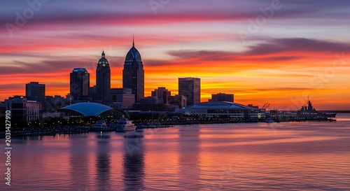 City skyline silhouetted against a vibrant sunset sky reflecting in water