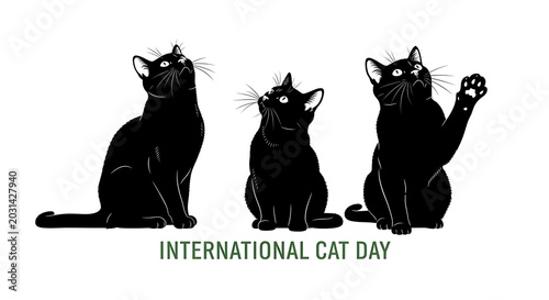 Three black cats in various poses celebrating international cat day with text overlay