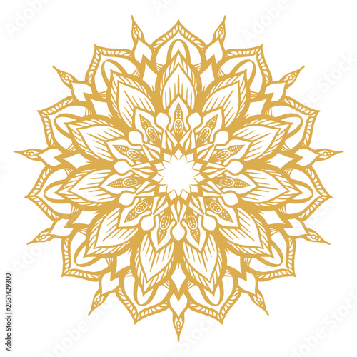 Golden intricate mandala design with floral patterns and symmetrical artistic elements, symbolizing harmony and spirituality