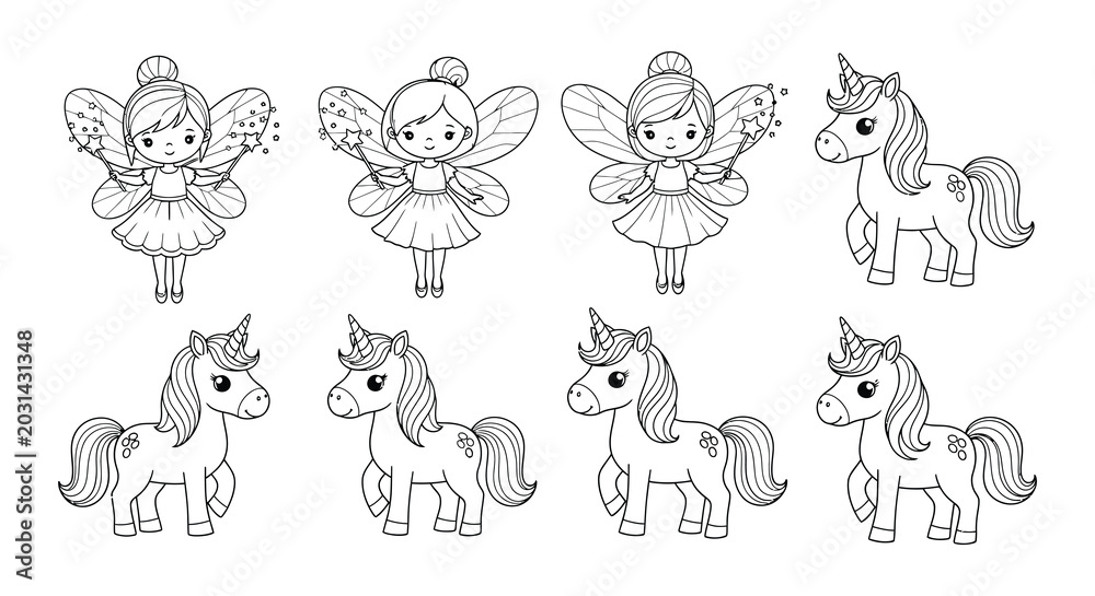 Obraz premium Line drawing of fairies and unicorns on a white background