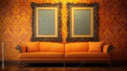 Ornate living room interior features a bright orange settee positioned beneath two large framed art pieces against richly patterned wallpaper.