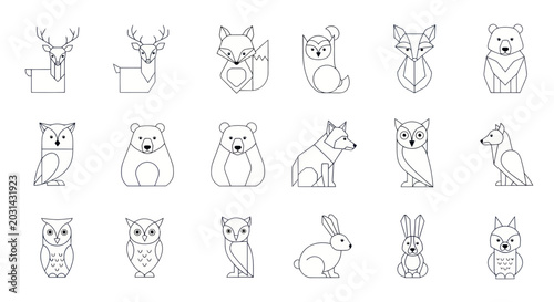 Foto Cute Geometric Forest Animals Line Art Collection: Deer, Fox, Owl, Bear, Rabbit
