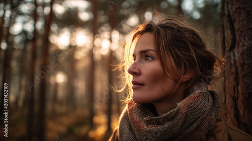 Close-up side profile of a young woman wearing a warm scarf in a forest during golden hour, soft sunlight and bokeh background, calm outdoor lifestyle concept