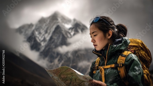 Side view of a young woman backpacker studying a paper map on a mountain trail, wearing warm jacket and backpack, with dramatic snowcapped peaks in background