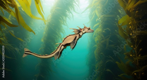 Elegant Leafy Seadragon Gliding Through Lush Kelp Forest