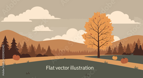Autumn landscape with a single yellow tree, rolling hills, and pumpkins, flat vector illustration