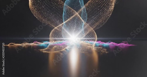 Abstract visualization of dynamic waves with vibrant colors and light beams creating a digital landscape
