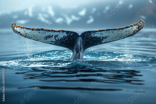 the whale's tail appeared on calm the surface of the sea