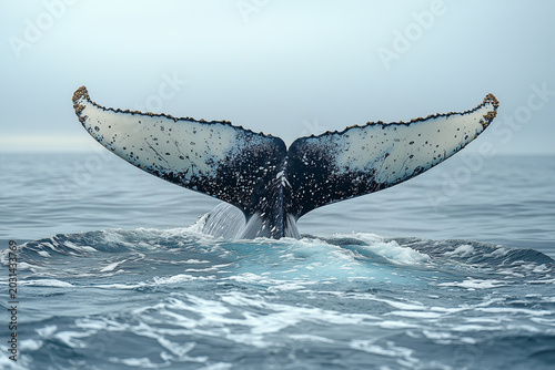 the whale's tail appeared on calm the surface of the sea