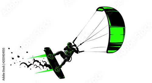 Foto Kite Surfer Riding Wave, Extreme Sport, Dynamic Action, Green Accent