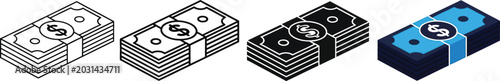 A set of four isometric dollar bill stack icons in different artistic styles