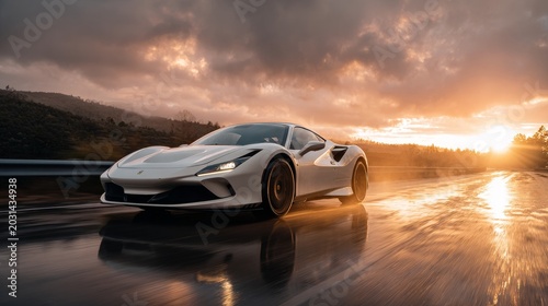 Modern white supercar speeding on a rain-soaked road at golden sunset, with reflections on wet asphalt and dark storm clouds, showcasing power, speed and luxury