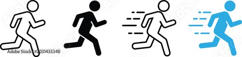 Set of four simple stick figure human icons depicting running and fast movement