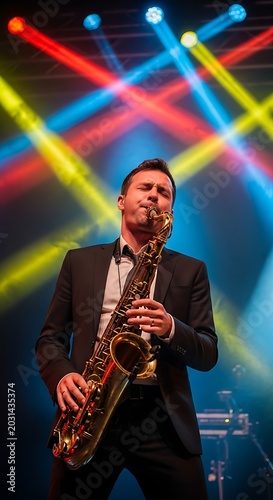 Professional Saxophone Player Performing Live on Stage with Colorful Spotlights.