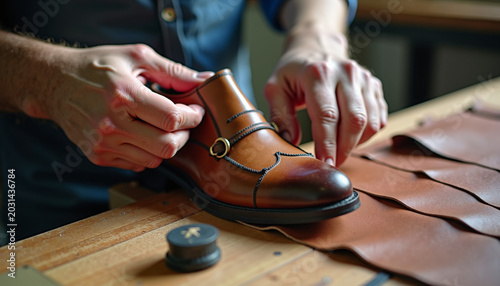Craftsman assembling leather shoe with precision in workshop setting