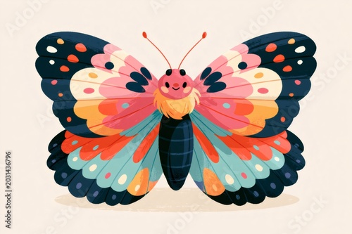 Cartoon butterfly with colorful wings on light background