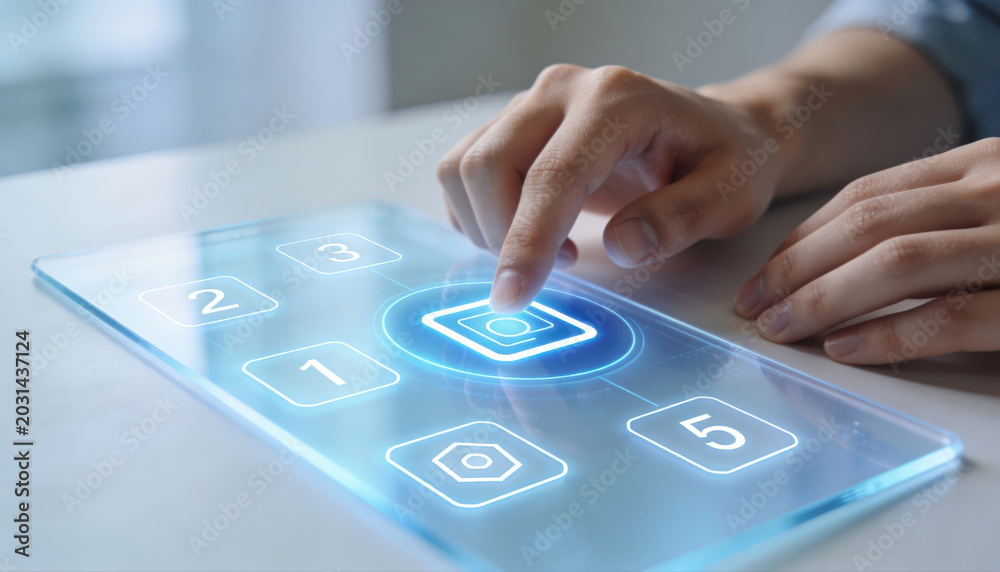 Naklejka premium Futuristic Interface Interaction: A hand touches a glowing holographic interface displaying digital icons and numbers, representing advanced technology and user experience.
