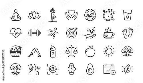 Healthy lifestyle icons with fitness nutrition self-care elements lotus flower water bottle glass of water
