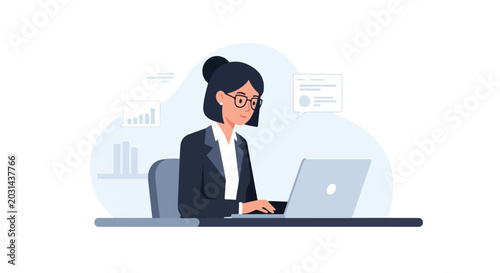 A professional woman with glasses and a business suit is working on her laptop at a desk, surrounded by icons for data charts and messages.