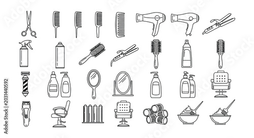 Flat vector icons of barber and beauty salon tools on white background