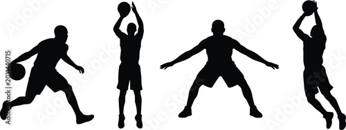 Fotografia Basketball player silhouette collection with dribbling shooting defending and ju