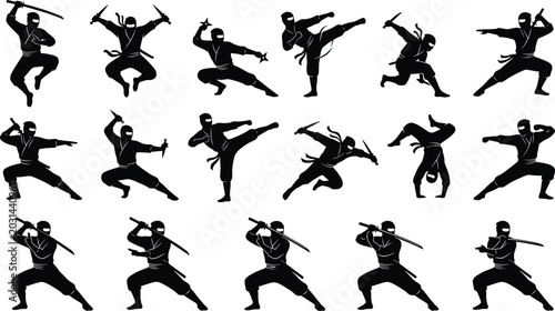 Fotografie Ninja warrior silhouette collection with martial arts combat poses and tradition