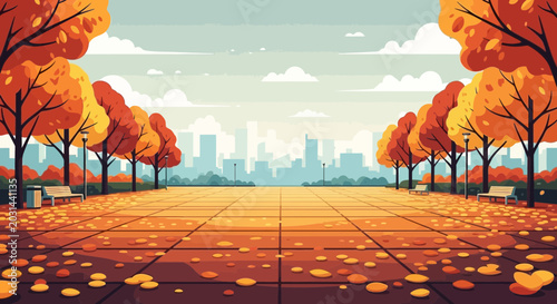 Tablou pe pânză Autumn park path with colorful trees, fallen leaves, benches, and city skyline background