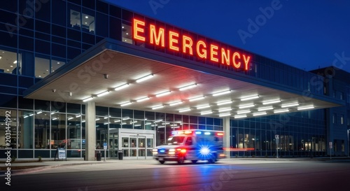 Ambulance arrives at brightly lit hospital emergency entrance at night