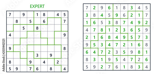 Expert Sudoku puzzle with completed solution on white background  