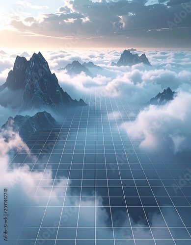 Futuristic mountain landscape with grid overlay.