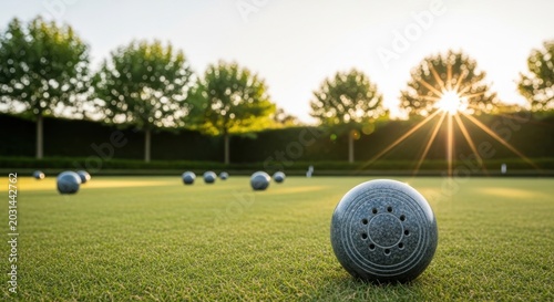 Close-up of a lawn bowls ball on a sun-drenched green at golden hour with other balls and trees in the background, showcasing a peaceful outdoor sporting scene.