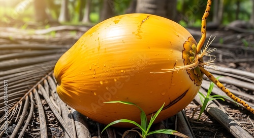 Close up of a ripe yellow coconut on a bed of dry palm leaves sunny outdoor scene