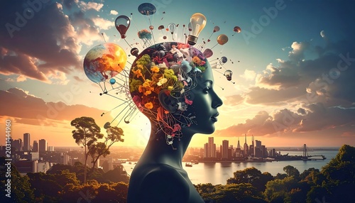 Surreal Female Profile Filled with Colorful Ideas Above Sunset City Skyline