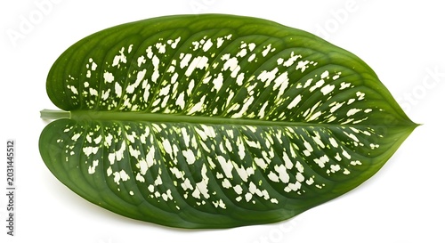 Close up of a vibrant green leaf with speckled white patterns isolated on white
