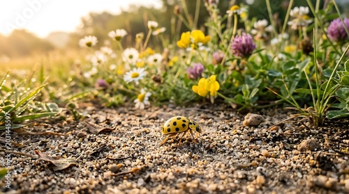 Yellow spotted beetle in flower garden