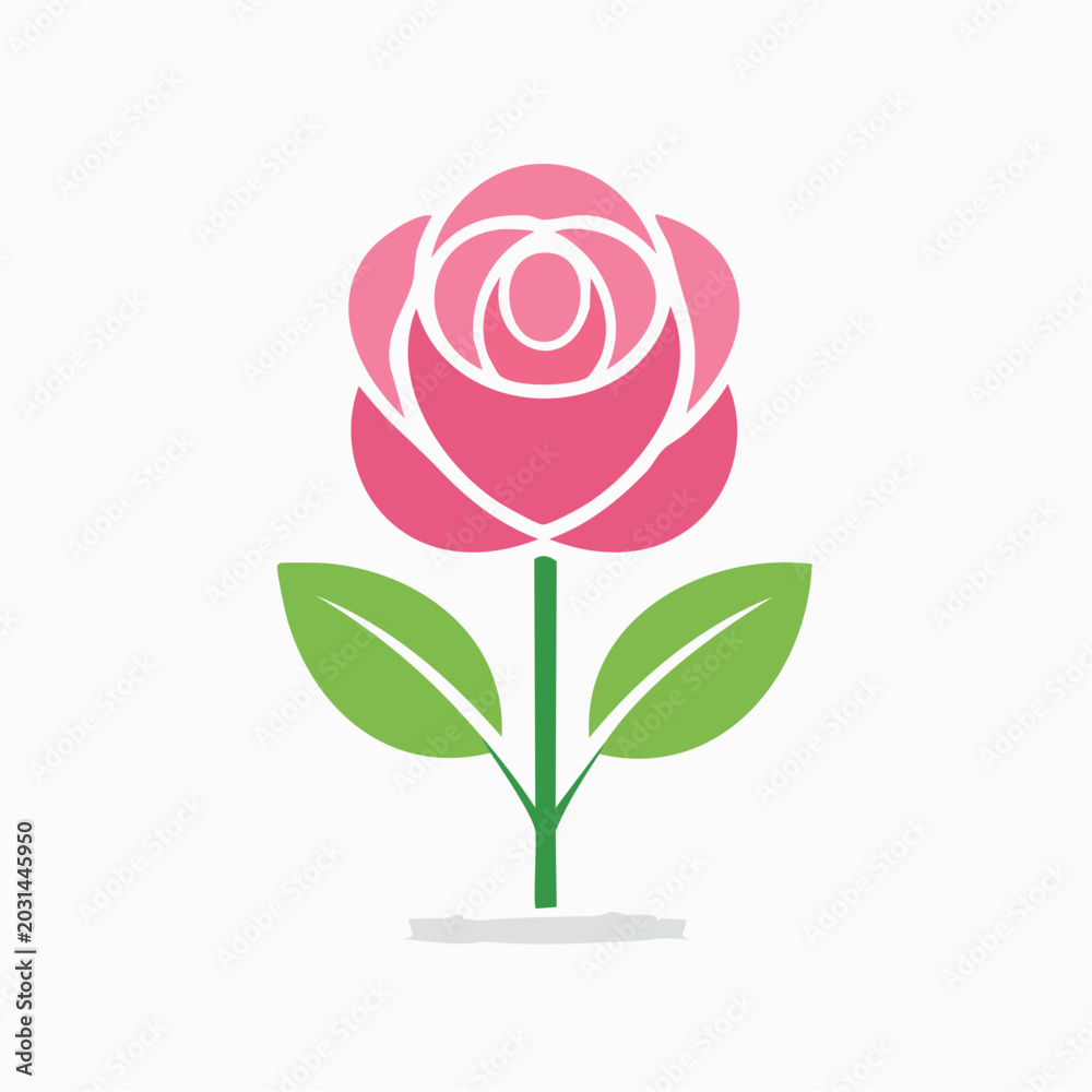 Fototapeta premium Stylized Pink Rose Icon with Green Leaves