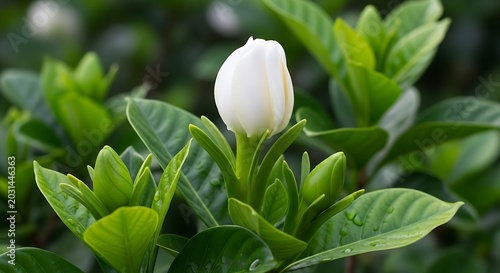 Close up of a white gardenia flower bud surrounded by vibrant green leaves