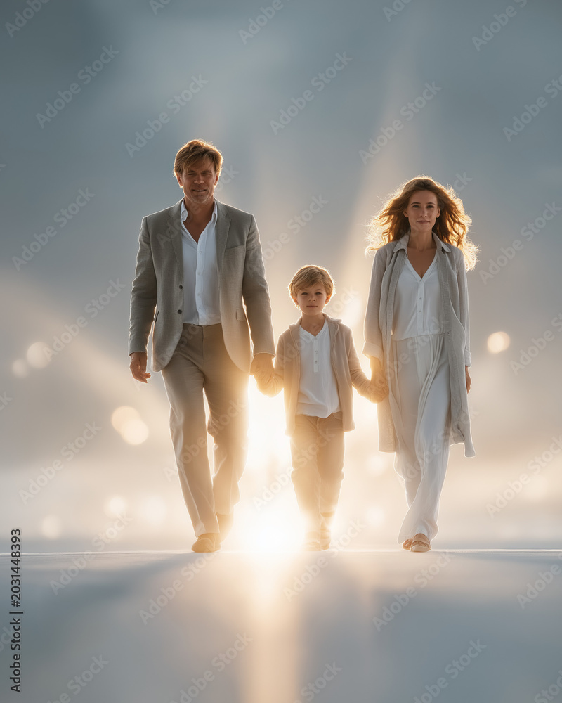 Naklejka premium A Serene Family Journey: A man, woman, and child walk hand-in-hand, bathed in a soft, ethereal light, evoking a profound sense of togetherness and peaceful passage.