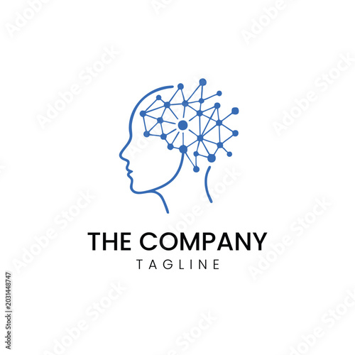 Artificial intelligence human head and neural network logo vector template